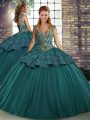 Green Ball Gowns Tulle Straps Sleeveless Beading and Appliques Floor Length Lace Up Sweet 16 Quinceanera Dress