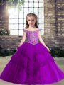 Perfect Eggplant Purple Ball Gowns Off The Shoulder Sleeveless Chiffon Floor Length Lace Up Beading and Lace and Appliques Little Girls Pageant Dress Wholesale