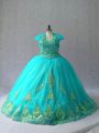 Traditional Aqua Blue Tulle Lace Up Sweetheart Sleeveless Quinceanera Gowns Appliques