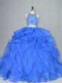 Blue Sweet 16 Dresses Halter Top Sleeveless Court Train Backless