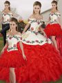 Off The Shoulder Sleeveless Sweet 16 Dresses Floor Length Embroidery and Ruffles White And Red Organza