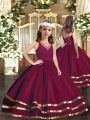 Popular Ball Gowns Girls Pageant Dresses Burgundy V-neck Tulle Sleeveless Floor Length Zipper