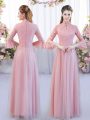 Customized Pink Empire Tulle High-neck 3 4 Length Sleeve Lace Floor Length Zipper Bridesmaid Gown