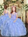Floor Length Lace Up Little Girls Pageant Dress Wholesale Blue for Party and Sweet 16 and Wedding Party with Beading