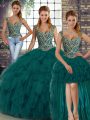 Beauteous Floor Length Three Pieces Sleeveless Peacock Green Quince Ball Gowns Lace Up