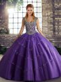 Straps Sleeveless Sweet 16 Quinceanera Dress Floor Length Beading and Appliques Purple Tulle
