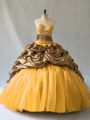 Luxury Gold V-neck Lace Up Beading and Pick Ups Quince Ball Gowns Brush Train Sleeveless