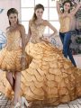 Wonderful Gold Three Pieces Sweetheart Sleeveless Organza Brush Train Lace Up Beading and Ruffles Quinceanera Dresses