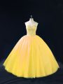 Gold Tulle Lace Up Sweetheart Sleeveless Floor Length 15th Birthday Dress Beading