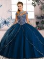 Traditional Blue 15 Quinceanera Dress Tulle Brush Train Cap Sleeves Beading