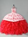 Fashionable Halter Top Sleeveless Court Train Lace Up 15 Quinceanera Dress Red Organza
