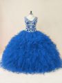 Blue Ball Gowns Beading and Ruffles Sweet 16 Quinceanera Dress Backless Tulle Sleeveless