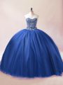 Blue Ball Gowns Sweetheart Sleeveless Tulle Floor Length Lace Up Beading Quinceanera Gowns