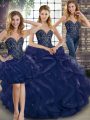 Low Price Sleeveless Floor Length Beading and Ruffles Lace Up Quinceanera Gown with Navy Blue