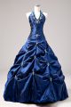Gorgeous Royal Blue Lace Up Halter Top Appliques and Pick Ups Quinceanera Dresses Taffeta Sleeveless
