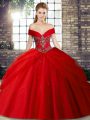 Red Ball Gowns Beading and Pick Ups Quinceanera Dress Lace Up Tulle Sleeveless