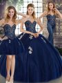 Sweetheart Sleeveless Quinceanera Gown Floor Length Beading and Appliques Navy Blue Tulle