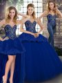 Floor Length Lace Up Sweet 16 Dresses Royal Blue for Military Ball and Sweet 16 and Quinceanera with Beading and Appliques