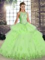 Deluxe Sleeveless Floor Length Lace and Embroidery and Ruffles Lace Up 15 Quinceanera Dress with Yellow Green