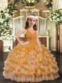 Floor Length Gold Pageant Gowns Organza Sleeveless Ruffles and Ruffled Layers