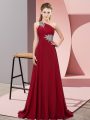 Flare Wine Red Empire One Shoulder Sleeveless Chiffon Brush Train Lace Up Beading Prom Evening Gown