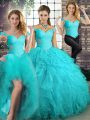 Elegant Sleeveless Floor Length Beading and Ruffles Lace Up 15 Quinceanera Dress with Aqua Blue