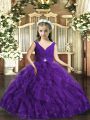 Sleeveless Floor Length Beading and Ruffles Backless Kids Formal Wear with Purple