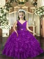 Eggplant Purple Sleeveless Organza Backless Pageant Dress for Womens for Party and Sweet 16 and Wedding Party