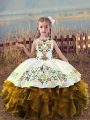 Brown Scoop Neckline Embroidery and Ruffles Kids Pageant Dress Sleeveless Lace Up