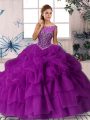 Wonderful Purple Organza Zipper Sweet 16 Dresses Sleeveless Brush Train Beading and Pick Ups
