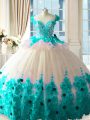 Admirable Blue And White Zipper Scoop Hand Made Flower Quinceanera Gowns Tulle Sleeveless Brush Train