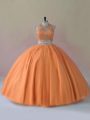 Orange Two Pieces Tulle Halter Top Sleeveless Beading Floor Length Backless Quinceanera Gown