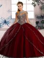 Wine Red Quinceanera Dresses Sweet 16 and Quinceanera with Beading Sweetheart Cap Sleeves Brush Train Lace Up