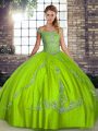 Trendy Green Off The Shoulder Lace Up Beading and Embroidery Quince Ball Gowns Sleeveless