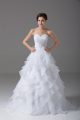 Affordable White Wedding Gowns Wedding Party with Beading and Ruffled Layers Sweetheart Sleeveless Brush Train Lace Up