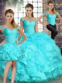 Off The Shoulder Sleeveless Quince Ball Gowns Floor Length Beading and Ruffles Aqua Blue Organza