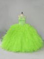 Ball Gowns Tulle Scoop Sleeveless Beading and Ruffles Lace Up Quince Ball Gowns