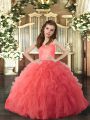 Floor Length Coral Red Child Pageant Dress Tulle Sleeveless Ruffles