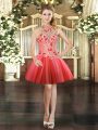 Luxurious Halter Top Sleeveless Prom Party Dress Mini Length Embroidery Coral Red Tulle