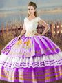 Lilac Ball Gown Prom Dress Sweet 16 and Quinceanera with Embroidery and Ruffled Layers V-neck Sleeveless Lace Up
