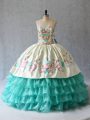 Aqua Blue Ball Gowns Embroidery and Ruffled Layers Quinceanera Dresses Lace Up Satin and Organza Sleeveless Floor Length