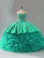 Green Lace Up Sweetheart Embroidery and Ruffles 15th Birthday Dress Fabric With Rolling Flowers Sleeveless Court Train