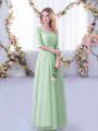 Wonderful Floor Length Apple Green Bridesmaids Dress Tulle Half Sleeves Lace and Belt