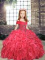 Straps Sleeveless Little Girl Pageant Gowns Floor Length Beading and Ruffles Red Organza