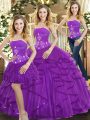 Purple Three Pieces Tulle Strapless Sleeveless Beading and Ruffles Floor Length Lace Up Quinceanera Dresses