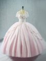 Pink Ball Gowns Tulle Sweetheart Sleeveless Beading Floor Length Lace Up Sweet 16 Quinceanera Dress
