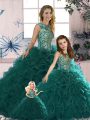 Luxury Peacock Green Ball Gowns Scoop Sleeveless Organza Floor Length Lace Up Beading and Ruffles 15 Quinceanera Dress