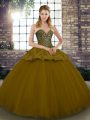 Sleeveless Floor Length Beading and Appliques Lace Up 15 Quinceanera Dress with Brown