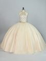 Champagne Tulle Lace Up 15th Birthday Dress Sleeveless Floor Length Beading