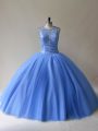 Fantastic Baby Blue Tulle Lace Up Scoop Sleeveless Floor Length Quinceanera Dress Beading
